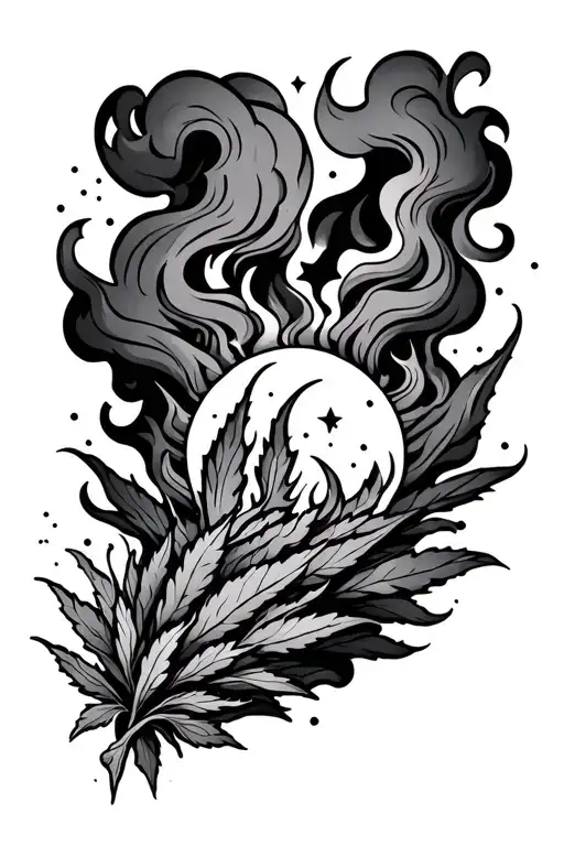 sage burning with a lot of smoke going out on shoulder. with stars and moon inside the smoke tattoo design idea