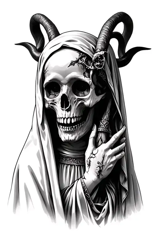veiled virgin mary skull and rotting flesh with goat four horns tattoo design idea