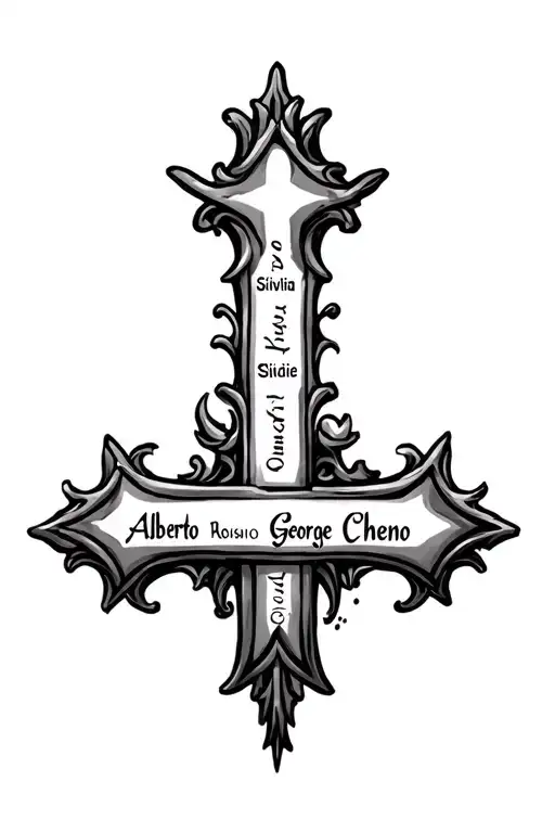 cross with the names Alberto, Silvia, Alma, Rosie, George and Cheno tattoo design idea