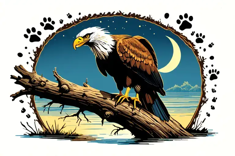 african fish eagle perched on a dead tree in a river bed with wild dog paw prints in the ground and a crescent moon  tattoo design idea