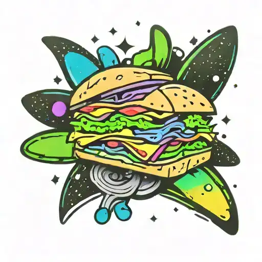 (Subway Sandwich Restaurant Logo), Galaxy, universe, stars, black green white purple blue. tattoo design idea