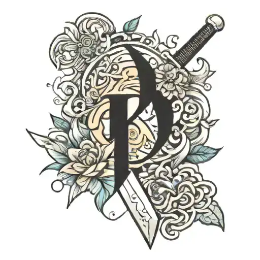 sword with letter R in Hindi  tattoo design idea