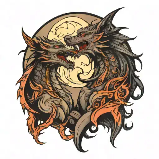 dragon and wolf howling at the moon tattoo design idea