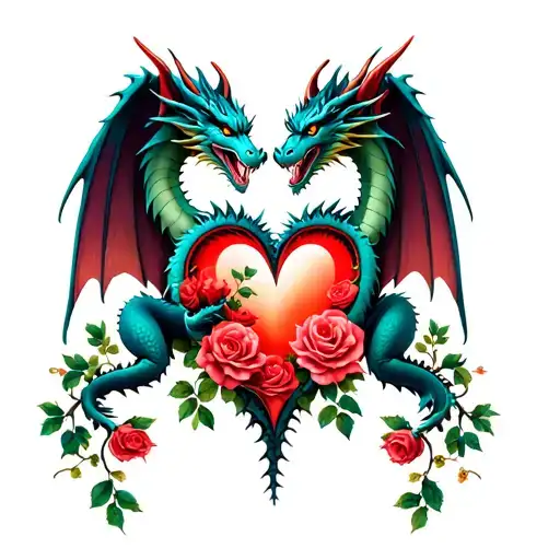 two dragons with wings intertwined heart shape roses vines  tattoo design idea