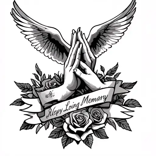 in loving memory with prayer hands with banners wrapped around it with doves and roses tattoo design idea