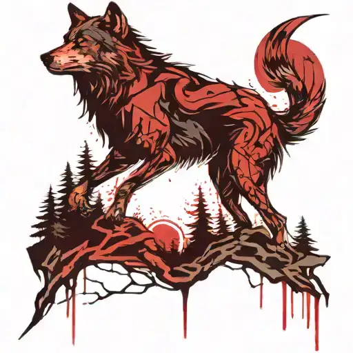 wolf shadow on cliff wolf is small with red moon and lightning bolts pine trees tattoo design idea