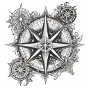 An intricate compass rose design with elements of hunting and sailing tattoo design idea
