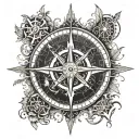An intricate compass rose design with elements of hunting and sailing tattoo design idea