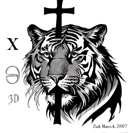 tiger head with a cross, and march 2nd 2007 in roman numerals  tattoo design idea