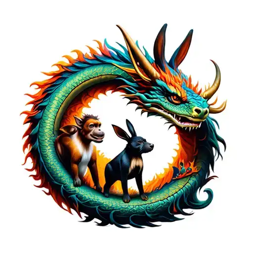 An ox, rabbit, monkey and a dog surrounded by a dragon circle tattoo design idea