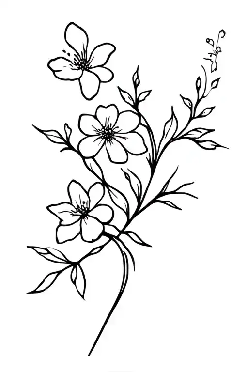abstract thin lines flowers along a line, black and white, including at last one cherry blossom flower tattoo design idea