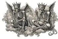 two skeletons kneeling praying with crowns on head. in the clouds are an angel and devil above them  tattoo design idea