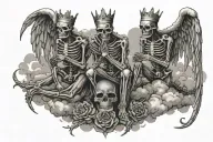 two skeletons kneeling praying with crowns on head. in the clouds are an angel and devil above them  tattoo design idea