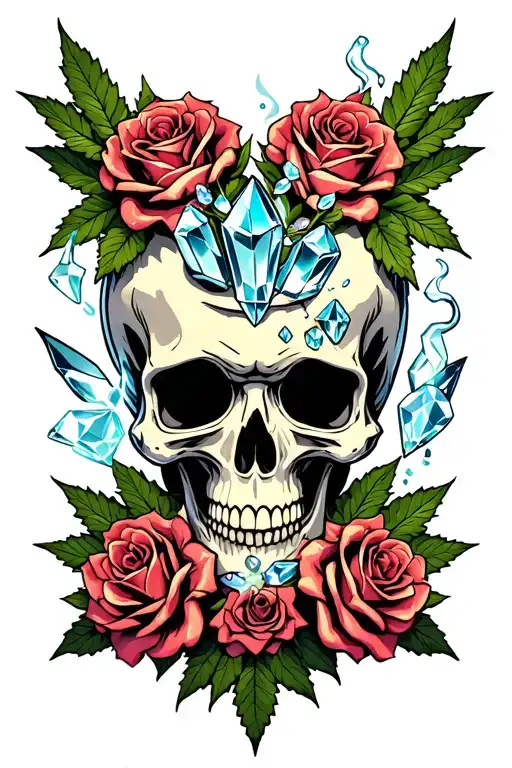 skull, roses, faires smoking weed and crystals tattoo design idea