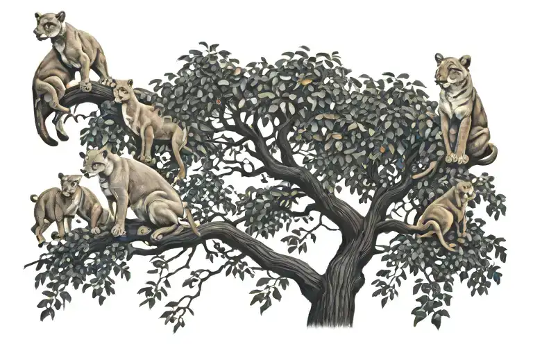 sycamore fig tree silhouette with 7 pumas underneath  tattoo design idea