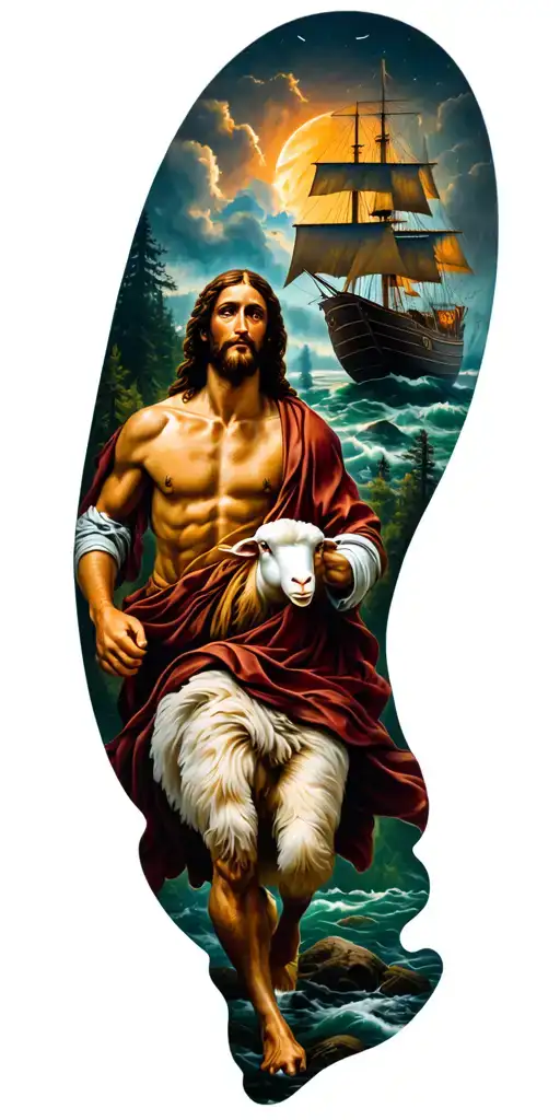 jesus running to lost sheep in woods along with a shipwreak in a storm tattoo design idea