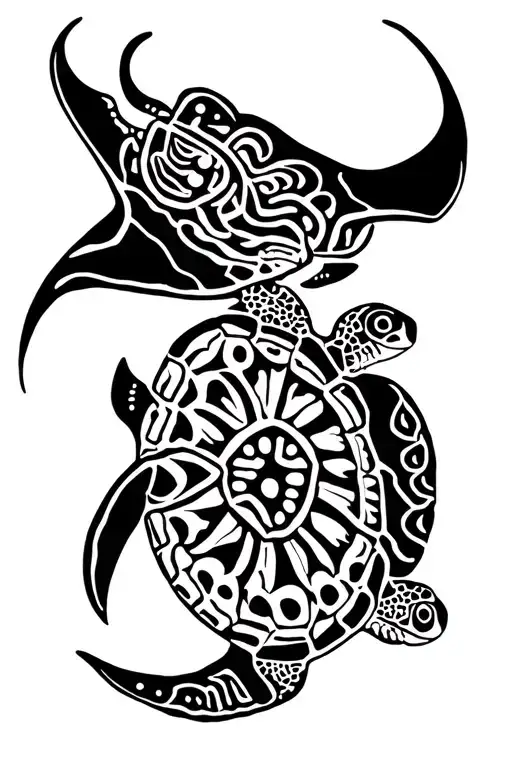 mayan themed manta ray and turtle swimming together tattoo design idea