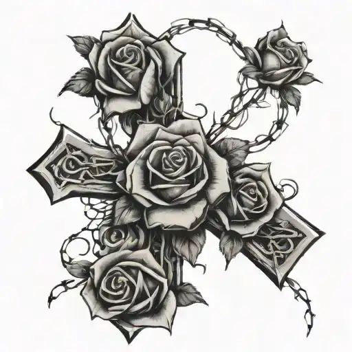barbed wire cross and roses intertwined tattoo design idea