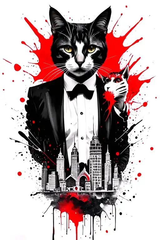 master and margarita, cat, demon in a suit, and moscow cityscape tattoo design idea
