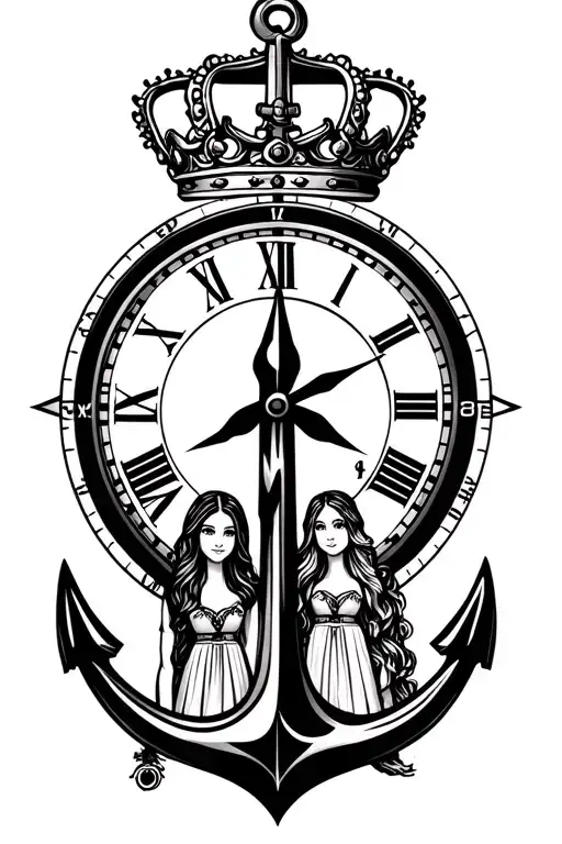 family mom dad with two daughters, crown on top, anchor, big clock, compass, black tattoo design idea
