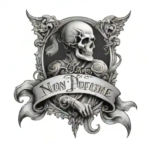 Sleeve with "Non proficere sine dolore" tattoo design idea