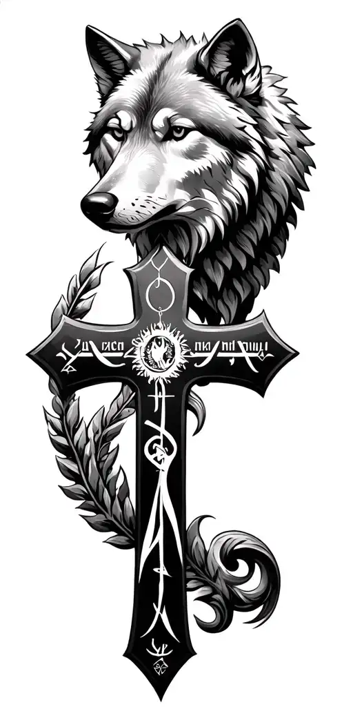 Serbian cross with the Oce Nas prayer in Cyrillic behind the cross and another Serbian wolf above the cross tattoo design idea
