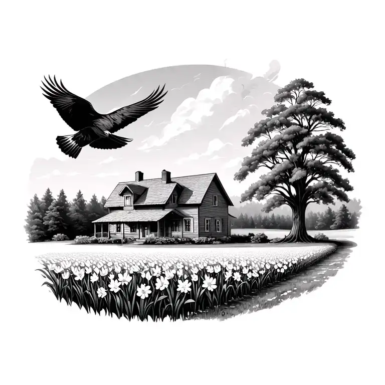 a house and farmer's field, next to a willow tree with a forest in the background and sm eagle circling above. Daffodils tattoo design idea