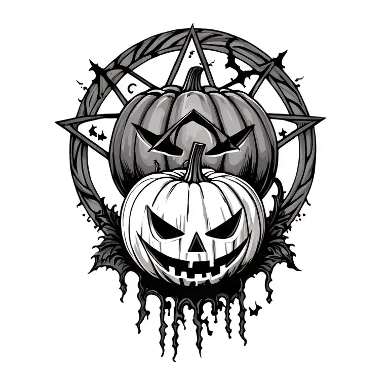 Tattoo of a Pentagram behind and halloween pumpkin tattoo design idea