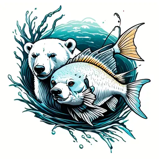  one body part  tattoo of duo animals one is polar bear other angler fish . One animal is full color other is just outli tattoo design idea