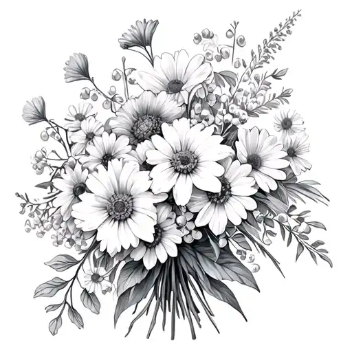 fine line wild flower bouquet with , violets , daffodils, daisies, lily of the valley, aster  , and narcissus flo tattoo design idea