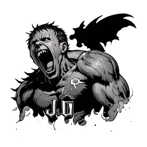 guts from berserk screaming with the mouth opened and the letters J G in his chest like the curse mark tattoo design idea