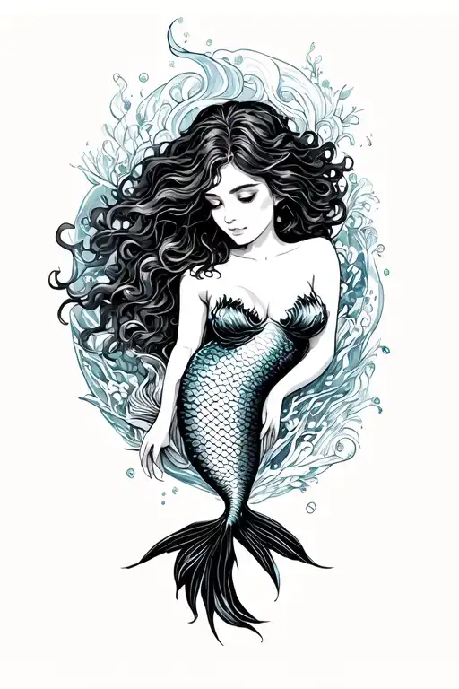 Mermaid queue joining twice in suminagashi tattoo design idea