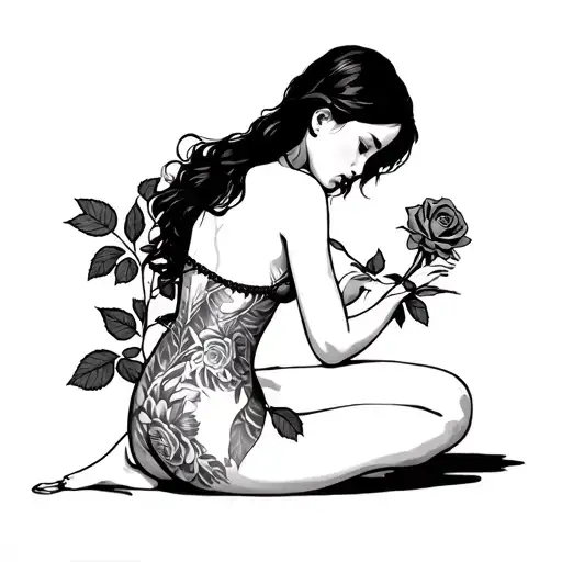 The girl stands on her knees, one hand rests on her thigh, the other holds the rose, the back is greatly bended, the hips are set aside tattoo design idea