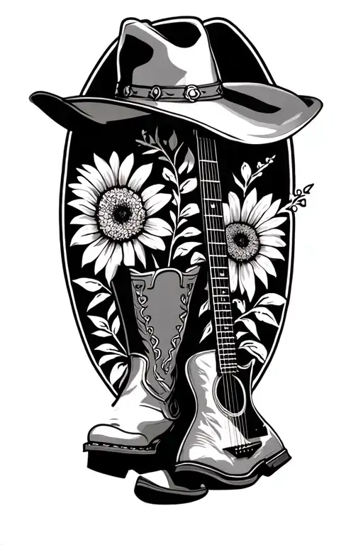 cowboy hat, cowboy boots, western guitar, wild flowers tattoo design idea