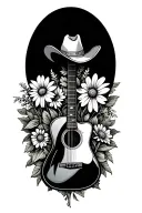 cowboy hat, cowboy boots, western guitar, wild flowers tattoo design idea