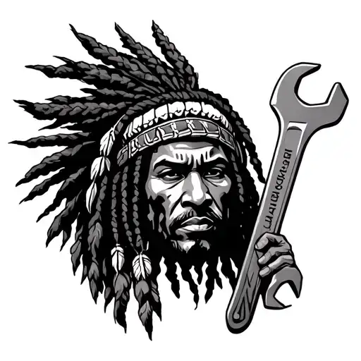 gangsta dread locks Native American holding wrench tattoo design idea