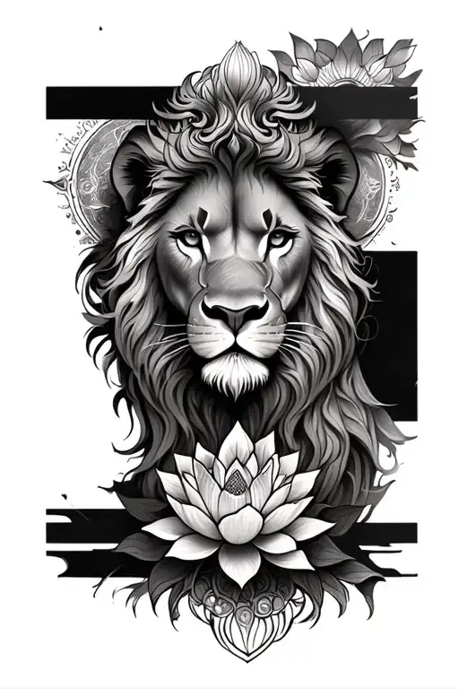 half face of Lion, with lotus above and unalome with celestial markings below it,   tattoo design idea