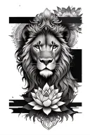 half face of Lion, with lotus above and unalome with celestial markings below it,   tattoo design idea