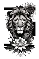 half face of Lion, with lotus above and unalome with celestial markings below it,   tattoo design idea