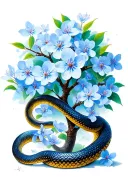 Cherry blossom tree, with forget-me-nots in it and a snake wrapped around it as the branch tattoo design idea