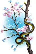 Cherry blossom tree, with forget-me-nots in it and a snake wrapped around it as the branch tattoo design idea