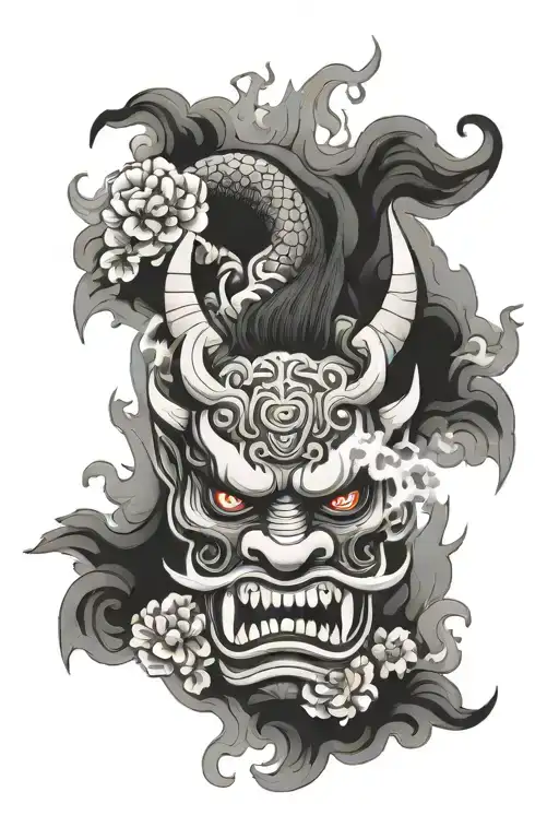 japanese oni mask with dragon and smoke forming the shape with a little flowers tattoo design idea