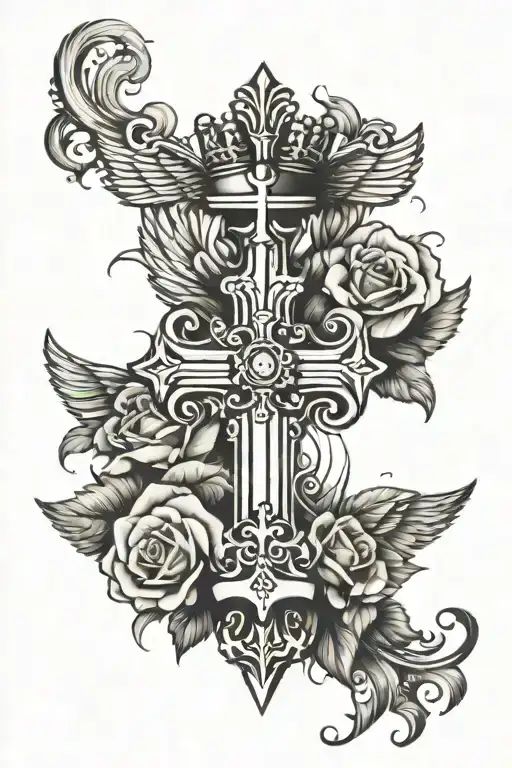 Cross with wings and crown with roses going through  tattoo design idea