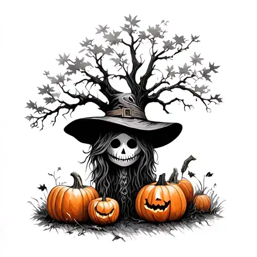 scarecrow pumpkin and oak tree tattoo design idea