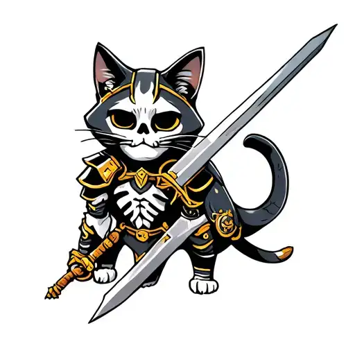 cat wearing skeleton armor holding a sword tattoo design idea