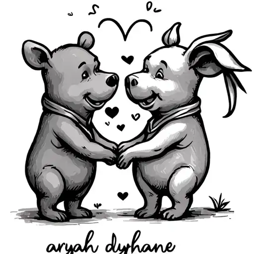 winnie the pooh and piglet holding hands with a heart  with the name aryah dyhanne in cursive tattoo outline tattoo design idea