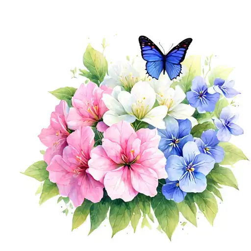 floral bouquet of pink rhododendrons, white dogwood, and ,blue violets with 2 butterflies on flowers tattoo design idea