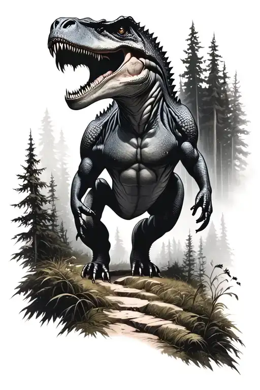 t rex on a trail winding through a forest tattoo design idea