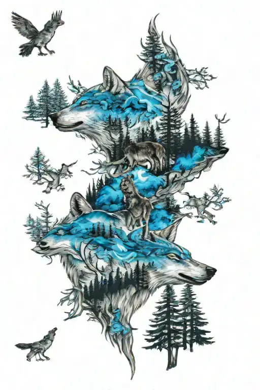 wolf in blue eyes howling forest scene tattoo design idea