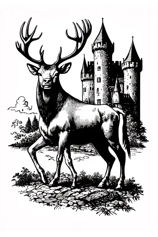 Stag and plough and castle inline tattoo design idea